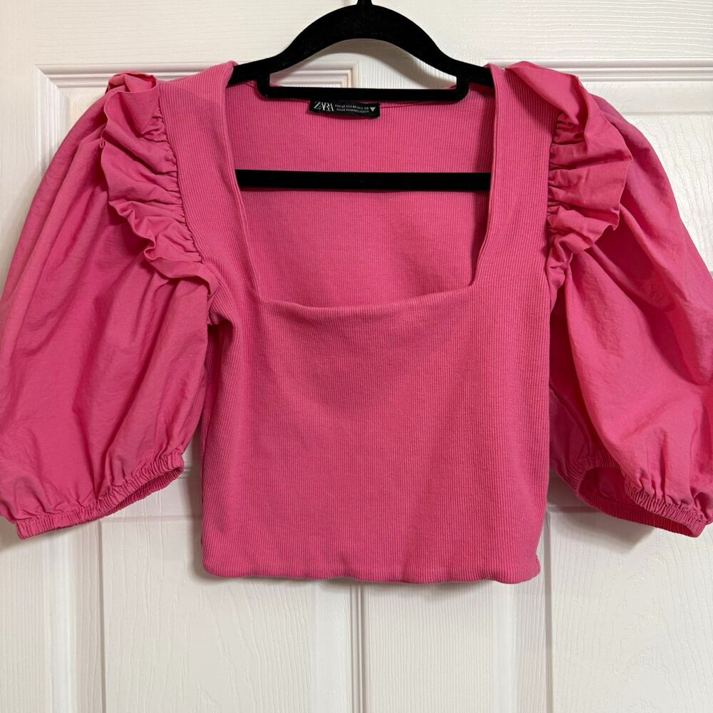 ZARA Women’s M Pink Knit Ruffle Puff Sleeve Square Neck Cropped Blouse